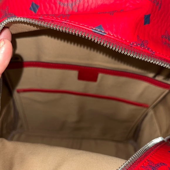 MCM Stark Side Studded Red Visatos Monogram Backpack with Leather Trim - Picture 7 of 16